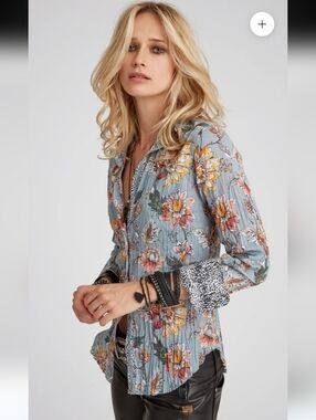 Cino Malaysia Haze Floral Button Down Shirt 100% Cotton Crinkle Size Large